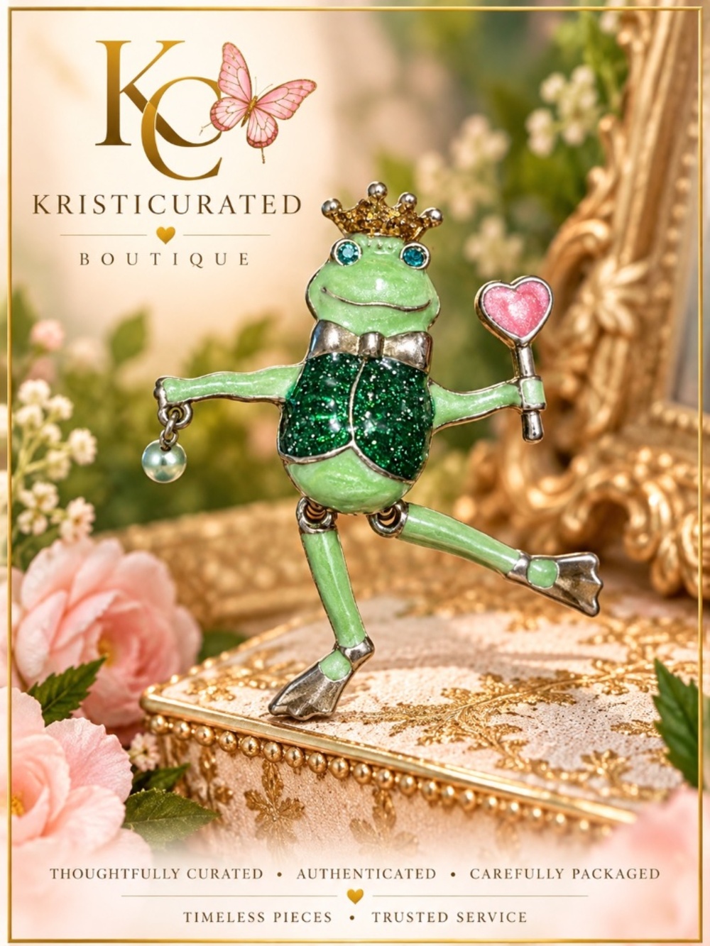 Dancing Frog Prince Brooch Green Enamel Rhinestone Crown Articulated Legs